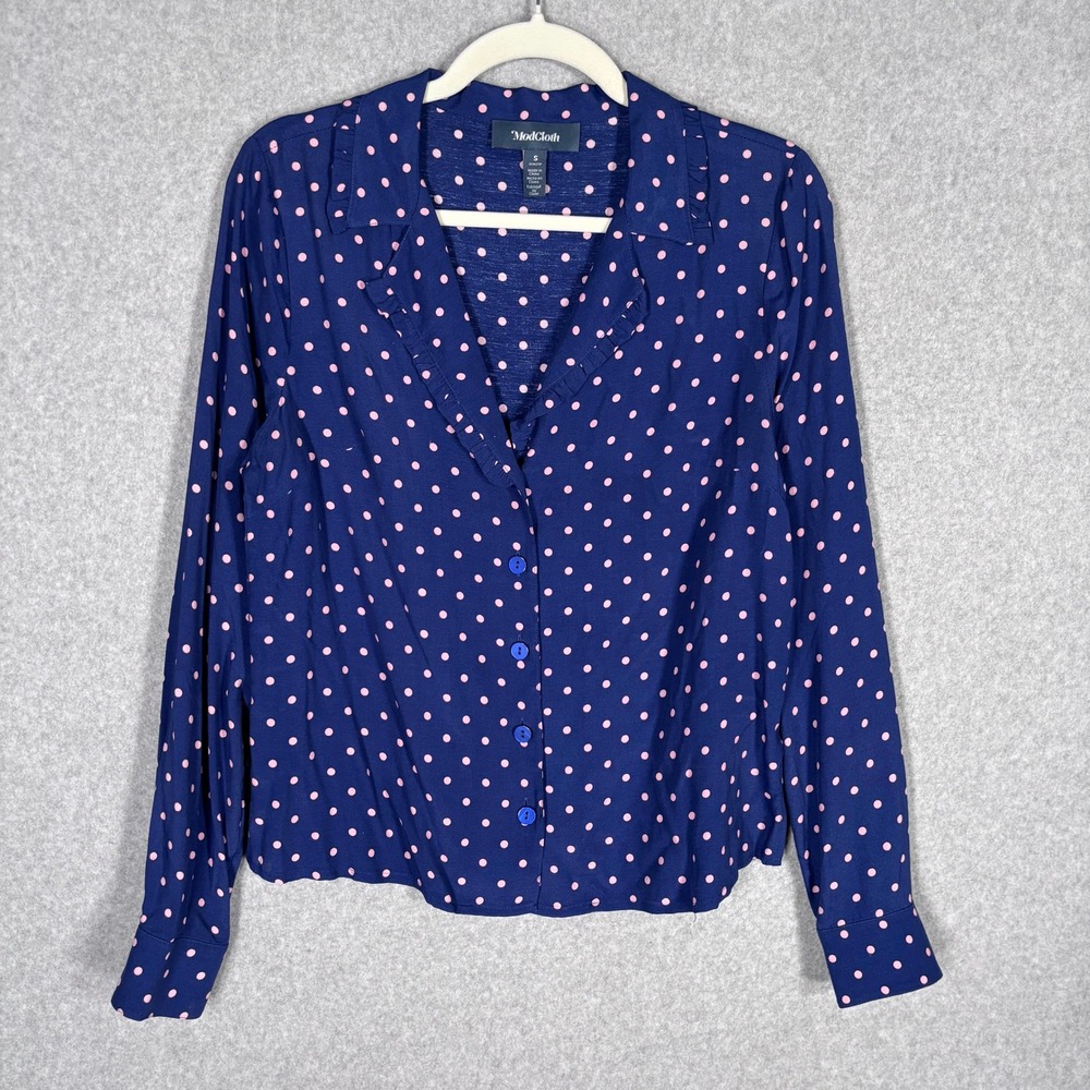 ModCloth Blouse Small Navy Pink Polka Dot Ruffle Collar Retro 50s Pinup Preppy
